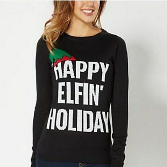 Rue21 Christmas Sweater Black Happy Elfin' Holiday Graphic - Picture 2 of 9
